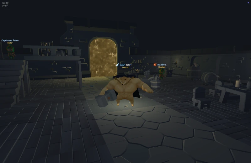 A dungeon hall with a banker, merchant and glowing golden portal