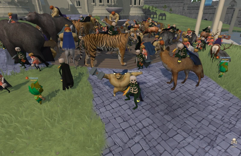 Players and mounts gathered in a castle courtyard